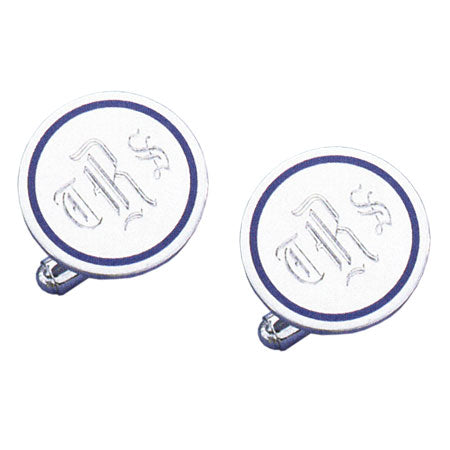 Round Polished Navy Epoxy Rhodium Monogram Cufflinks